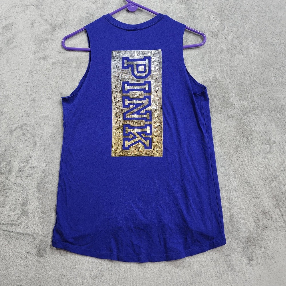 PINK Victoria's Secret Tank Womens XS Blue Sequin Logo Hi Low Hem Muscle Bling